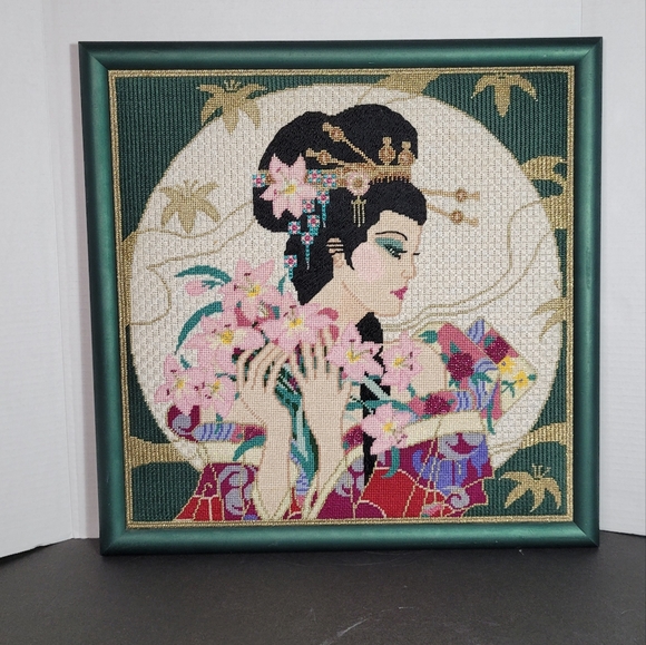 Geisha and the Moon Needlepoint Crewel Work on Handpainted Canvas - Picture 7 of 12